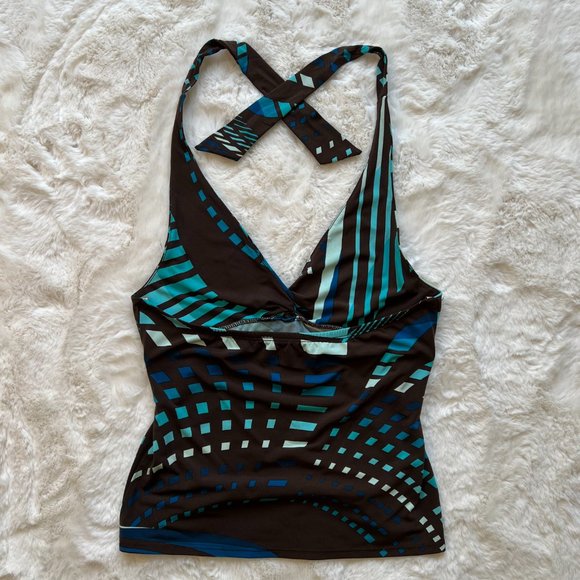 BCBG MaxAzria Halter Top Blue Geometric Print Top - Picture 4 of 6